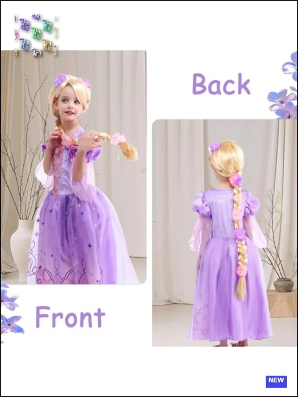 Girls Rapunzel Princess Dress Costume with Wig - Kids Dress Up